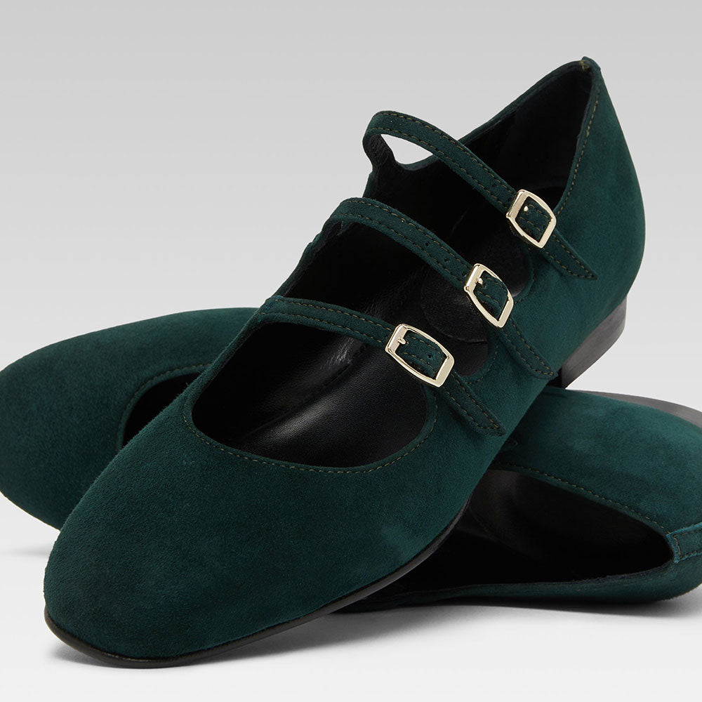 Dark Green Vegan Suede Square Toe Mary Jane Flats with Buckles