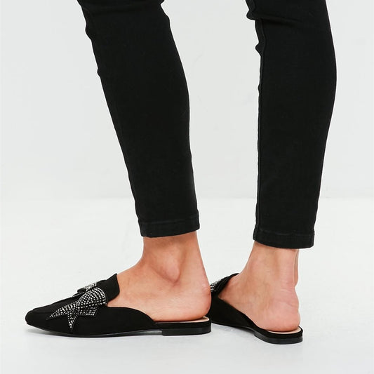 Black Vegan Suede Square Toe Mule Loafers with Rhinestone Bow