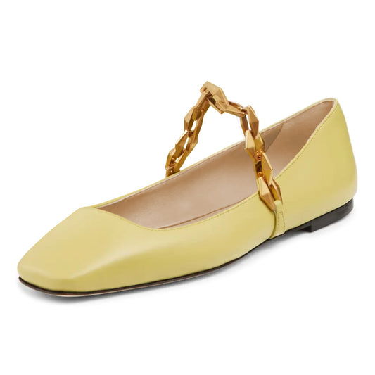 Yellow Vegan Leather Square Toe Ballet Flats with Metal Chain Design