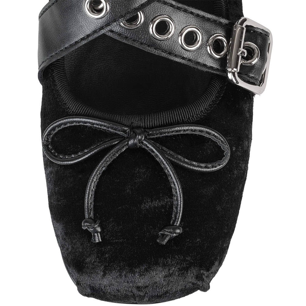 Black Velvet Square Toe Grommet Buckle Strappy Ballet Flats with Bow