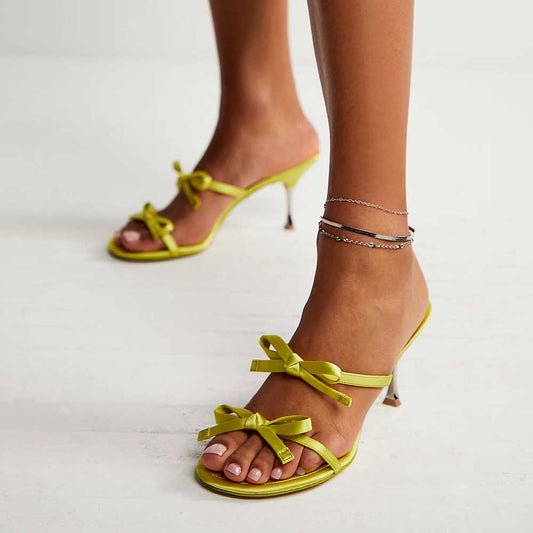 Yellow Satin Square Toe 3'' Stiletto Heel Strappy Mules with Bow