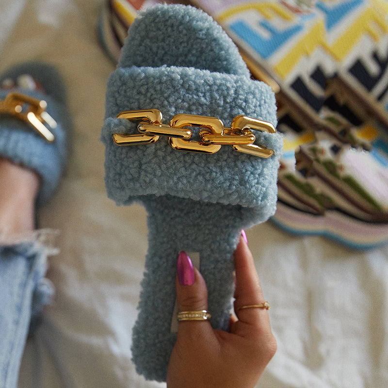 Blue Lambswool Flats Women's Open Toe Metal Buckle Mules