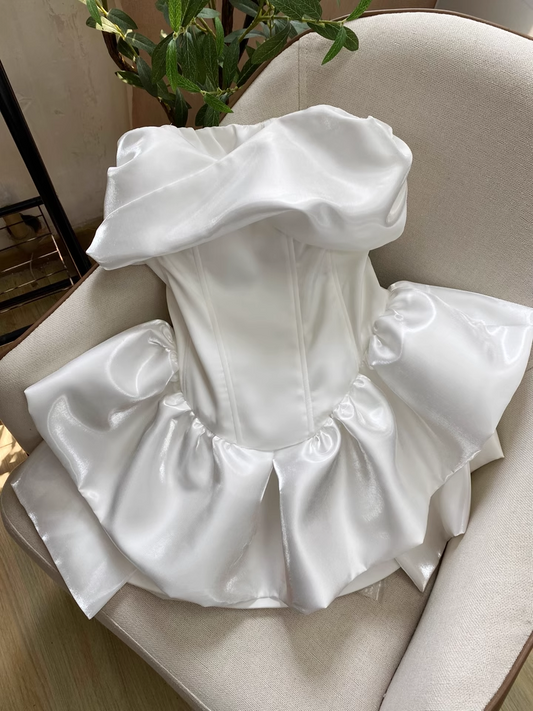 Cute White Strapless Ruffled Hem Design A-line Satin Party Dress Homecoming Dress TP3820