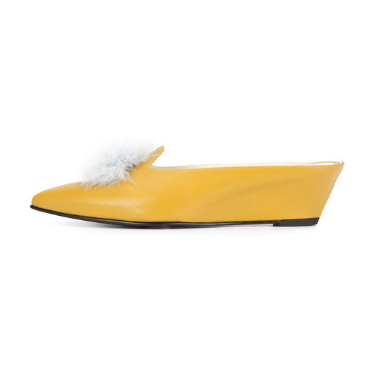 Yellow Pointed Toe Pom Poms Embellished Wedge Mules for Women