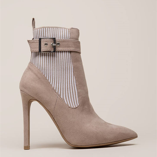 White Stripes Taupe Pointy Toe Stiletto Heel Buckle Ankle Boots