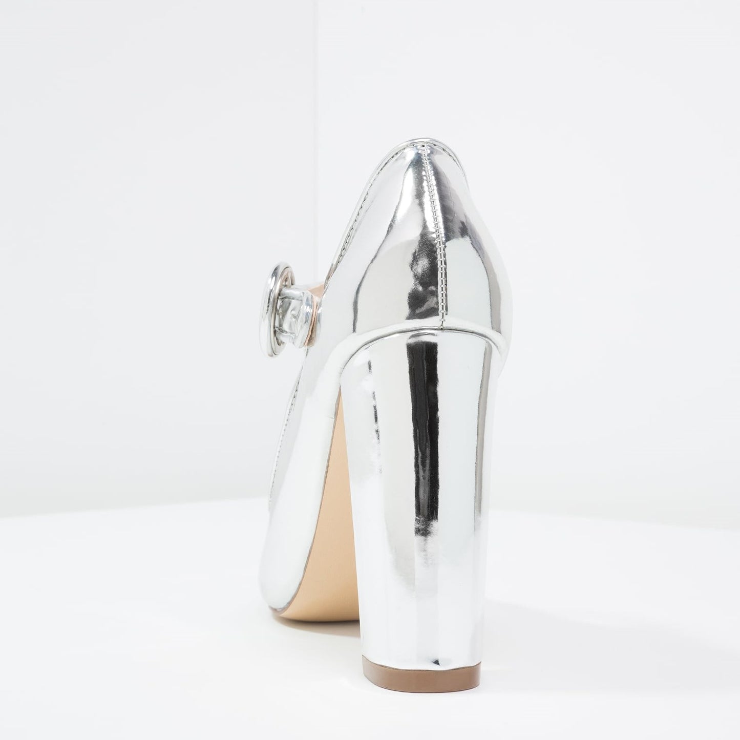 Women's Silver Mary Jane Pumps Chunky Heels Office Shoes