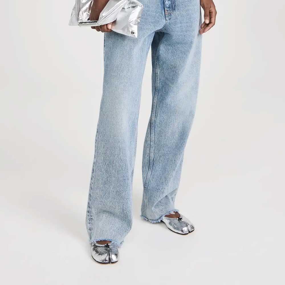 Silver Crinkled Metallic Split Round Toe Flats with Decorative Knot