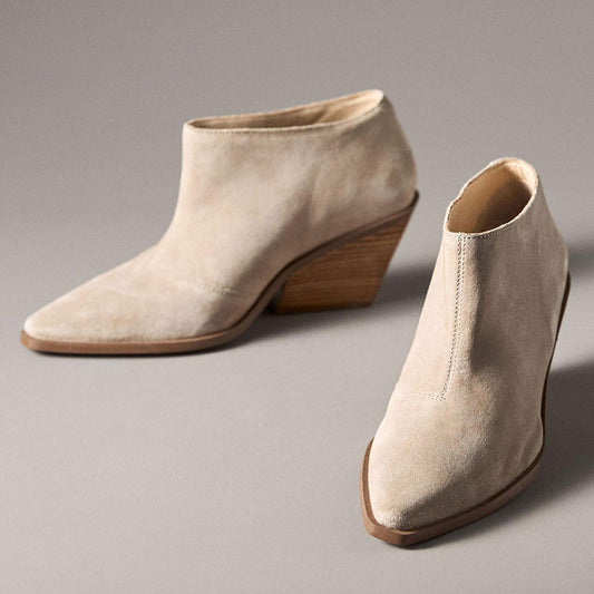 Beige Vegan Suede Pointed Toe Pull-On Chunky Heeled Ankle Boots