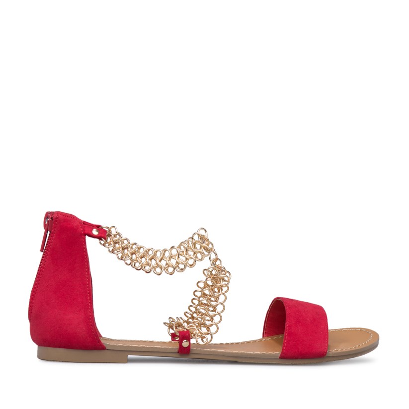 Red Vegan Suede Chain Strappy Summer Sandals Open Toe Flats