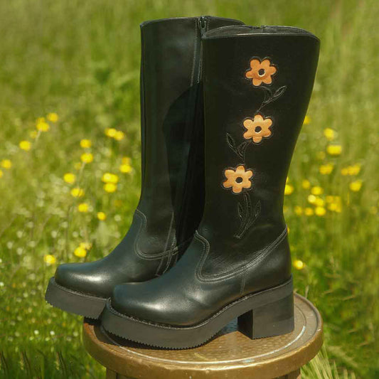Black Square Toe Flower Inlay Chunky Heel Platform Mid Calf Boots
