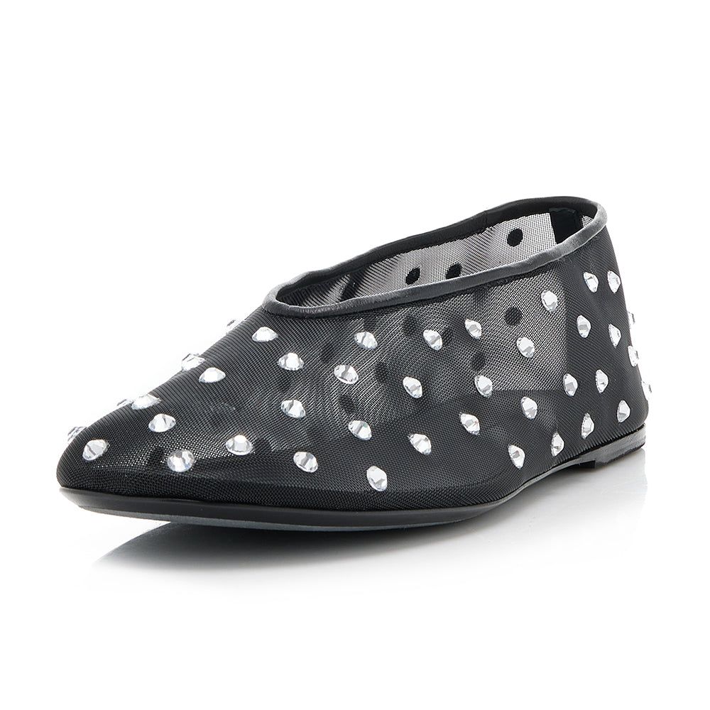 Women's Black Mesh Round-Toe Rhinestone Embellished Flats