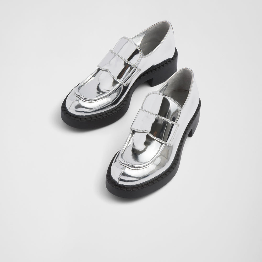 Silver Vegan Leather Round Toe Block Heel Platform Loafers