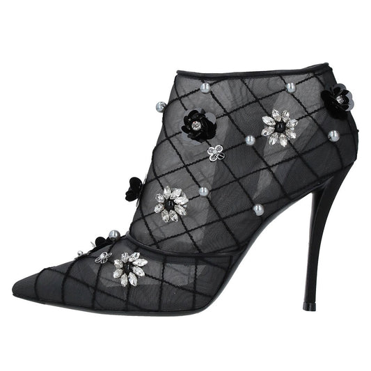 Black Mesh Pointed Toe Crystal Floral Stiletto Heel Ankle Boots