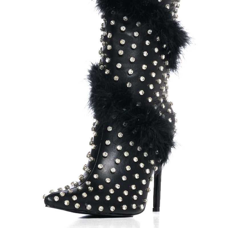 Black Stiletto Heel Rhinestone Faux Fur Decor Knee High Boots