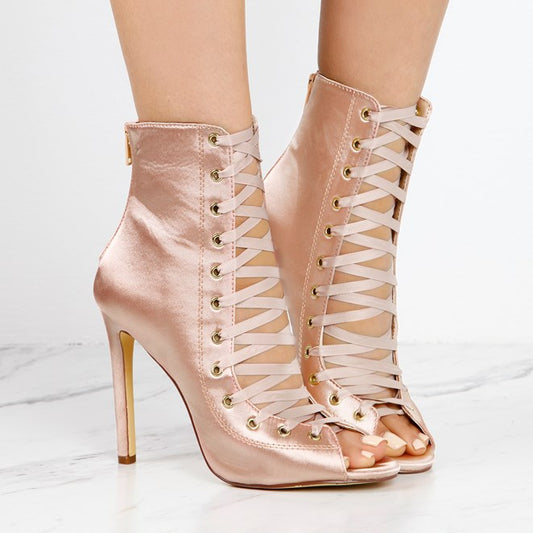Women's Fashion Light Pink Lace Up Satin Peep Toe Ankle Boots