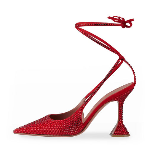 Women's Red Pointed Toe Flared Heels Wrap Strap Rhinestone Pumps Shoes