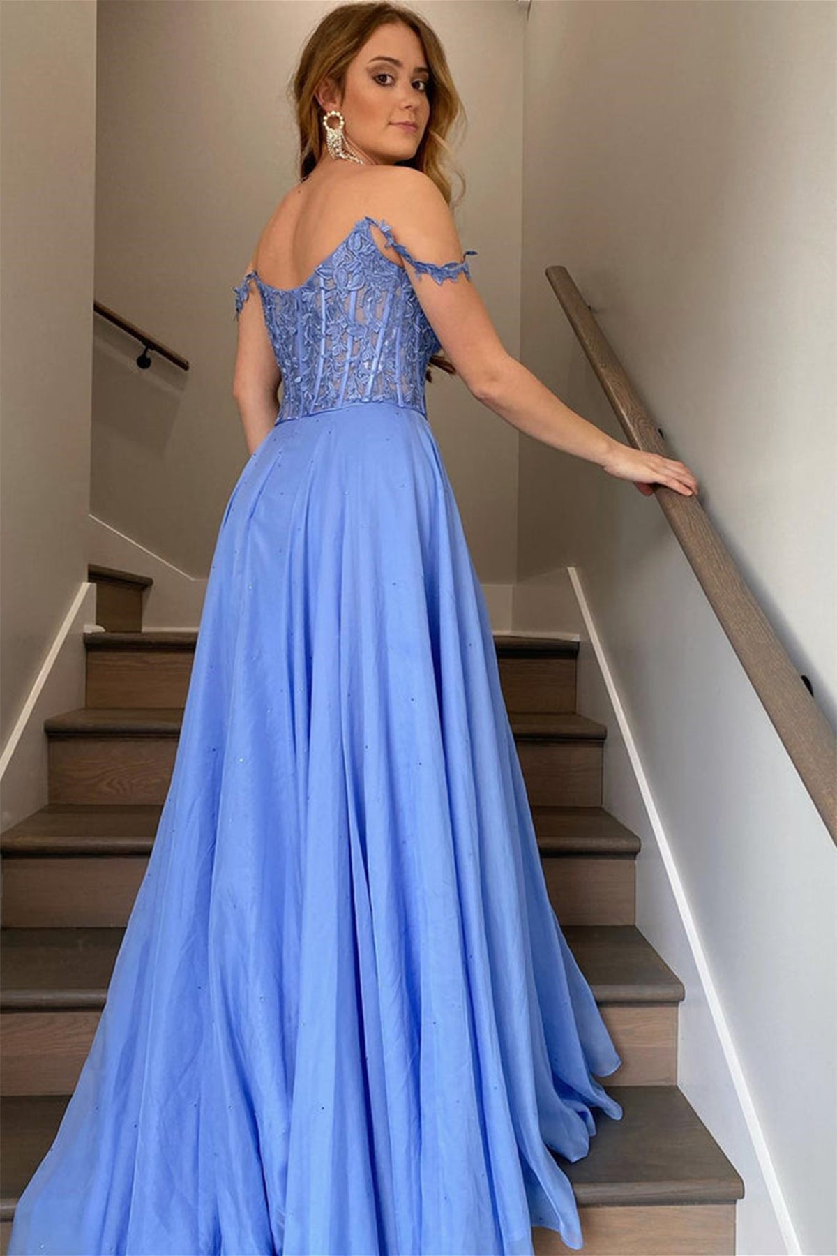 A Line Off The Shoulder Chiffon Lace Long Prom Dresses Long Evening Dresses,WP402