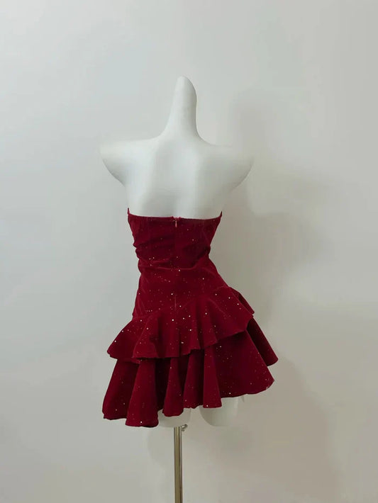Vintage Burgundy Shiny Beaded A-Line Strapless Homecoming Dress Party Dress Cocktail Dress TP4701