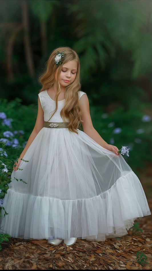 Adorable White Lace Tulle Flower Girls Dress,AST1651