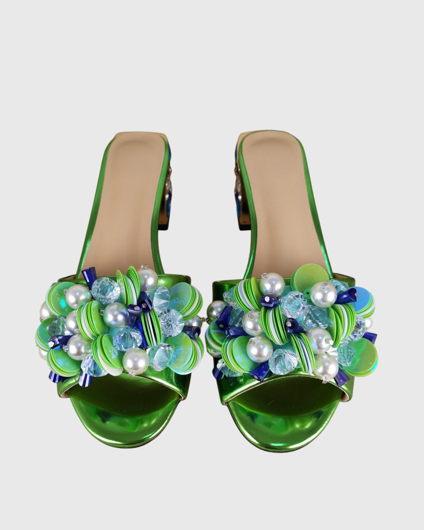 Amari Gem & Pearl Embellished Slippers In Green