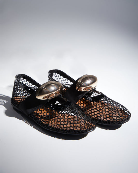 Aria Hardware Buckle Fishnet Ballet Flats