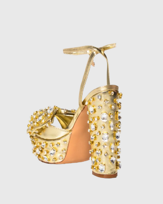 Armida Bow Rhinestone Platform Sandals In Gold
