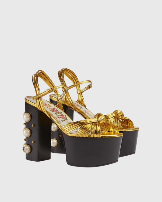 Asia Woven Leather Pearl Platform Sandals