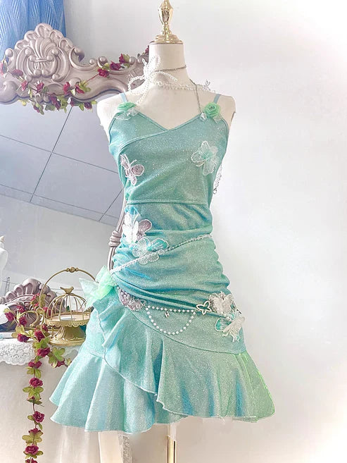 Fashion Mint Green Sparkling Sequin Spaghetti Strap Ruffled Hem Short 16th Birthday Party Dress Homecoming Dress TP4039