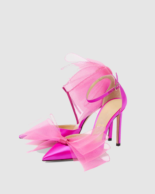 Fabrizia Bow Embellished Satin Pumps In Hot Pink