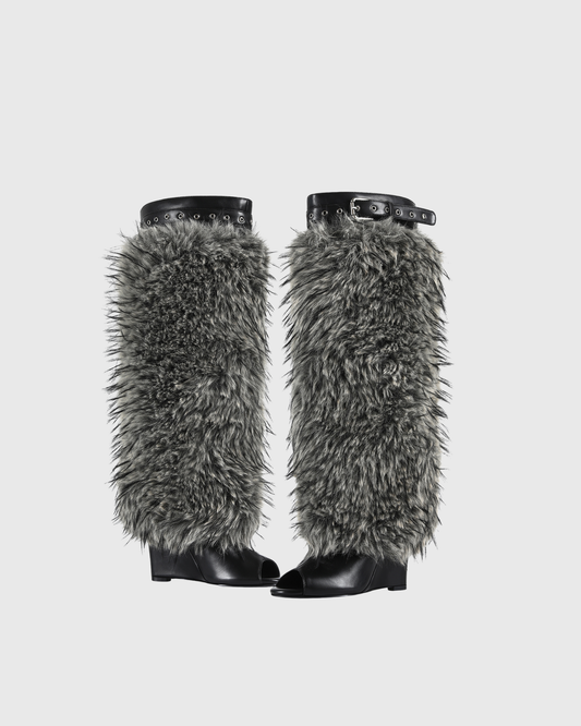 Bionda Faux Fur Eyelet Wedge Boots In Grey