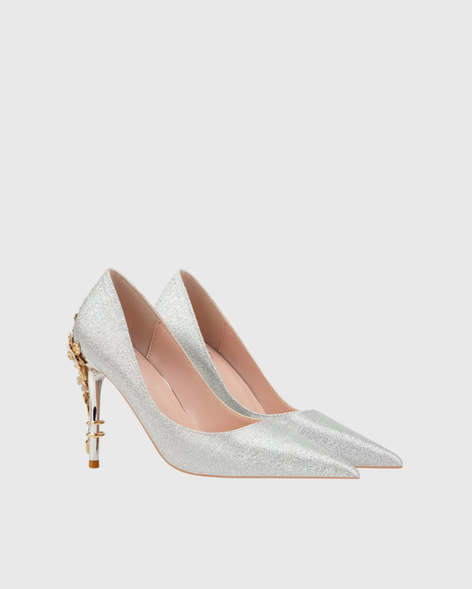 Blair Glitter Metal Flower Heels In Silver