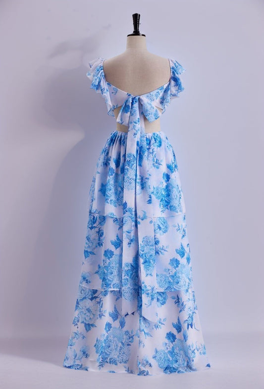 Blue Floral Flutter Sleeves A-line Formal Dress,Long Prom Dresses Unique