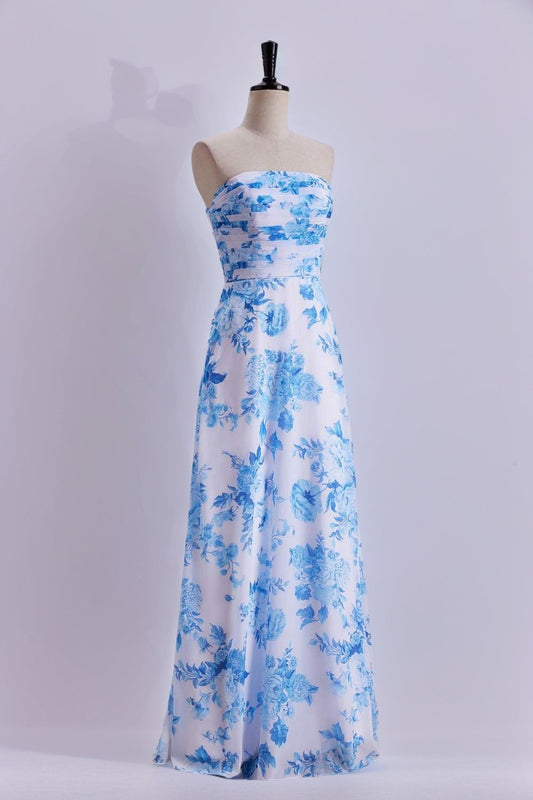 Blue Floral Print Strapless Prom Dress Long Formal Evening Dresses