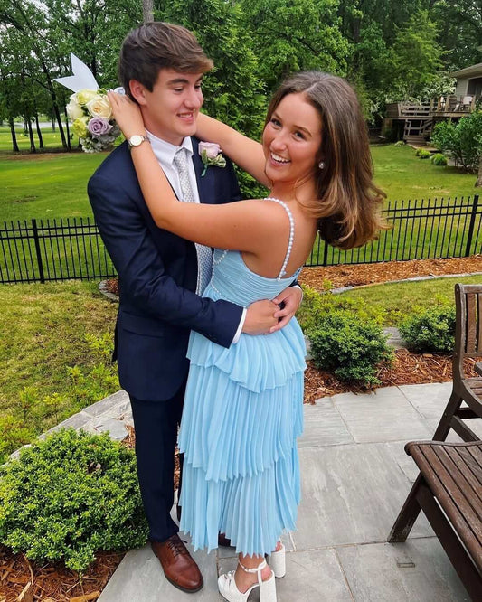 Blue Tiered Chiffon Formal Dress,Long Party Dresses Graduation Gown