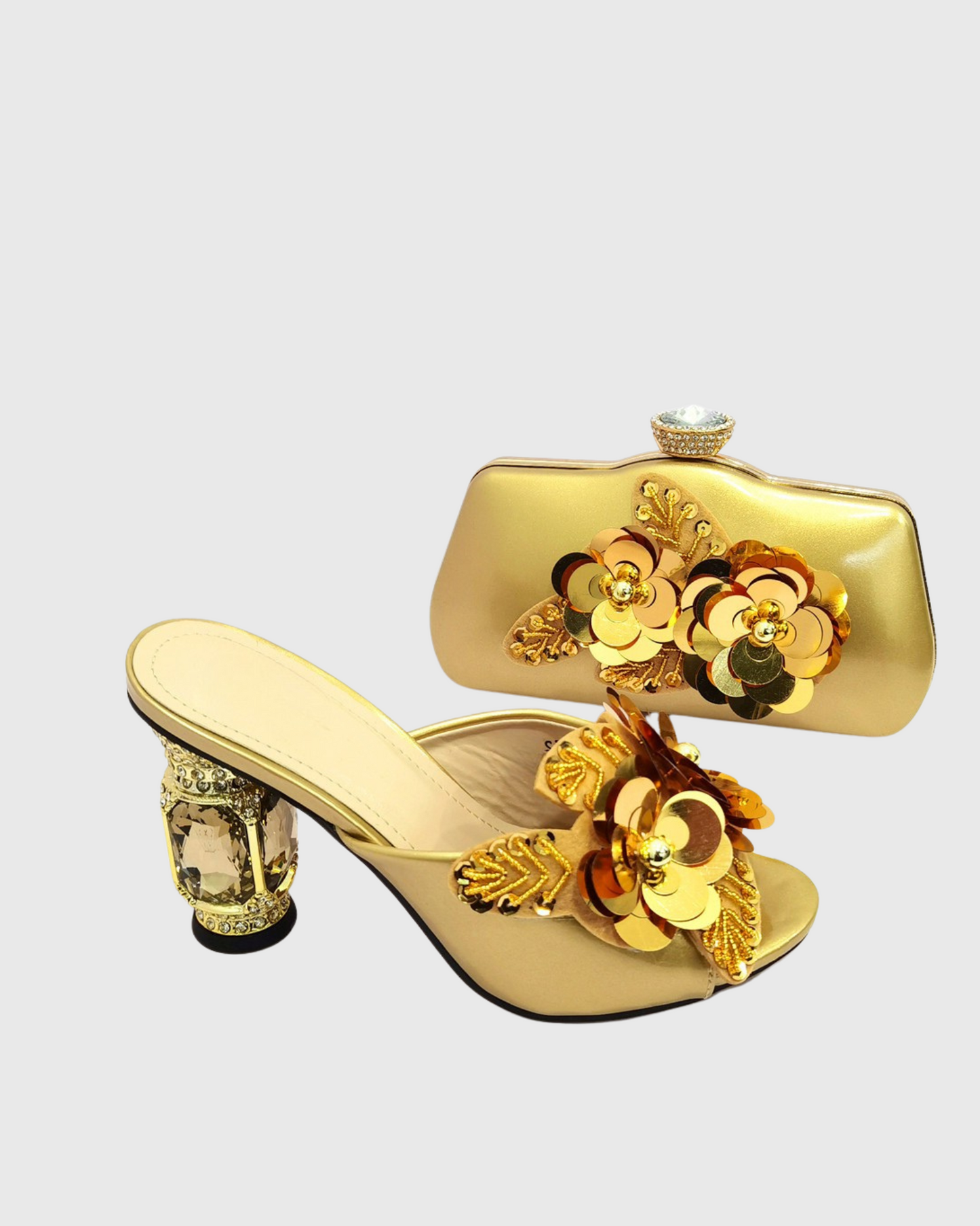 Blythe Flower Embellished Diamond Heels & Bags Set In Gold