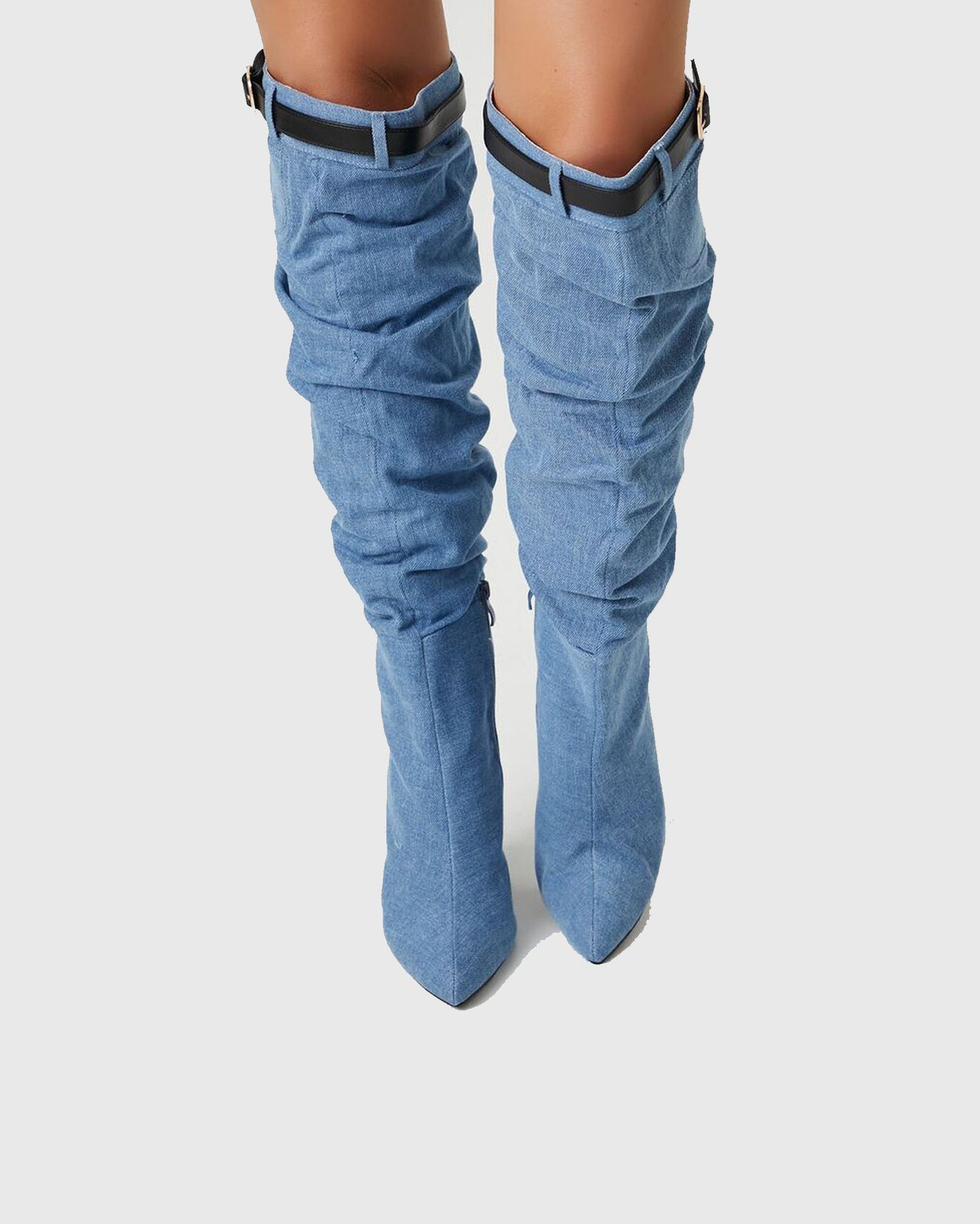 Gaetana Buckle Denim Cowboy Knee High Boots