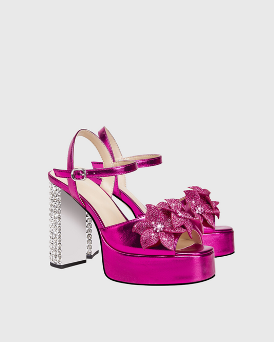 Cai Rhinestone Flower Strap Platform Sandals In Hot Pink