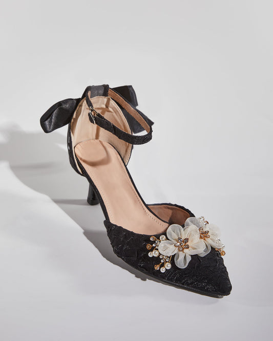 Cat Rhinestone Mesh Flower Sparkle Pumps In Black