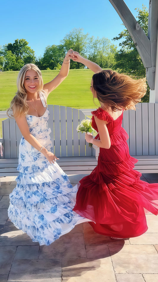 Charming Floral Chiffon Ruffle Prom Dress, Tie Straps Senior Prom Dress,AST1657