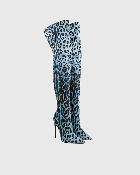 Claretta Leopard Print Over The Knee Boots In Blue