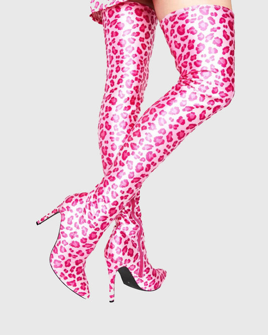 Claretta Leopard Print Over The Knee Boots In Pink