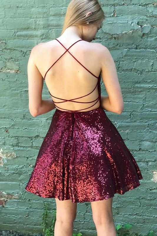 PM041,Burgundy homecoming dresses,cross back sequin mini prom dress