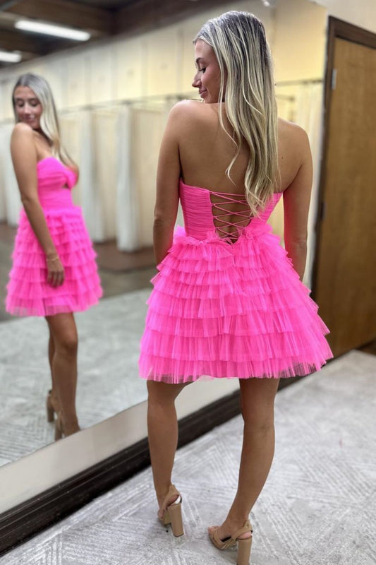 Charming Pink Sweetheart A-Line Tulle Short Dress with Lace Up Back Homecoming Dress