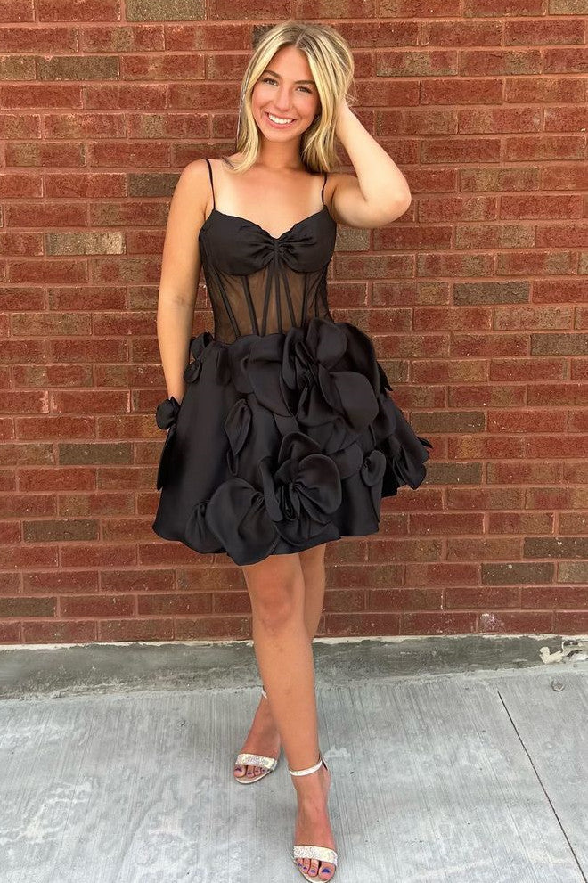 Cute Yellow A-Line Look with Floral Satin and Spaghetti Straps Homecoming Dress