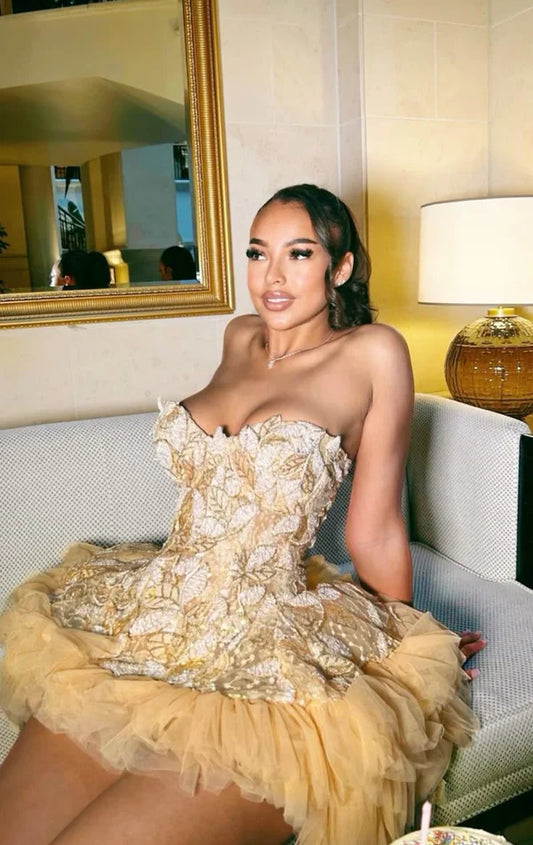 Vintage Golden Sweetheart Homecoming Dress A-Line Party Dress Applique Short Cocktail Dress TP4616