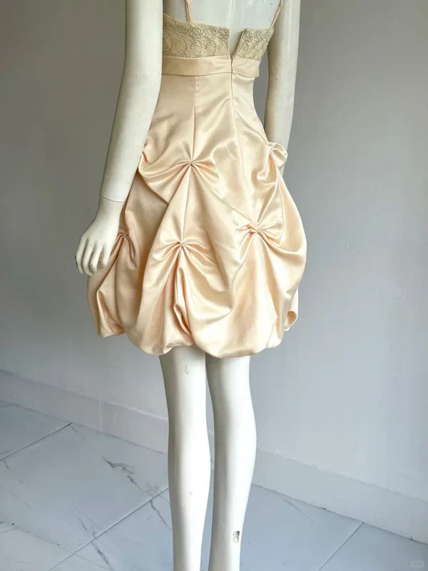 Vintage Champagne A-Line Spaghetti Strap Homecoming Dress Satin Beaded Party Dress Short Cocktail Dress TP4611