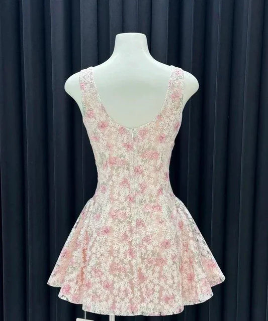 Vintage Floral A-Line Homecoming Dress Square-neck Party Dress Short Cocktail Dress TP4612