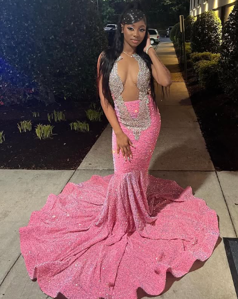 Shiny Pink Beaded Sequins Prom Dresses Mermaid Formal Occasion Dress