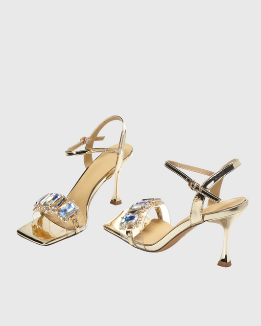 Dagny Crystal Metallic Strap Sandals In Gold