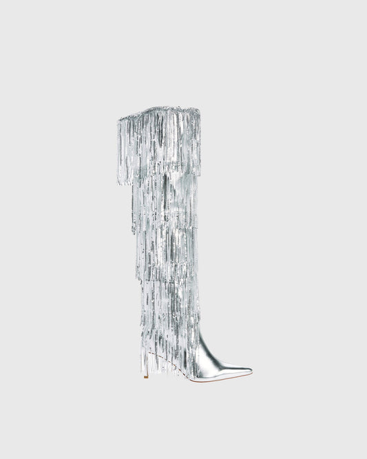 Debora Sequin Fringe Knee High Boots
